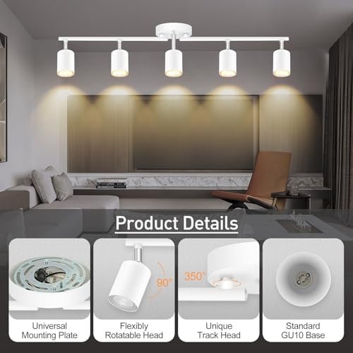 Sturdy 5-Way LED Track Lighting Kit - Matte White Ceiling Lights