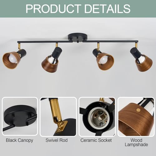 TeHenoo 4 Light Track Lighting with Brass Accent and Natural Wood