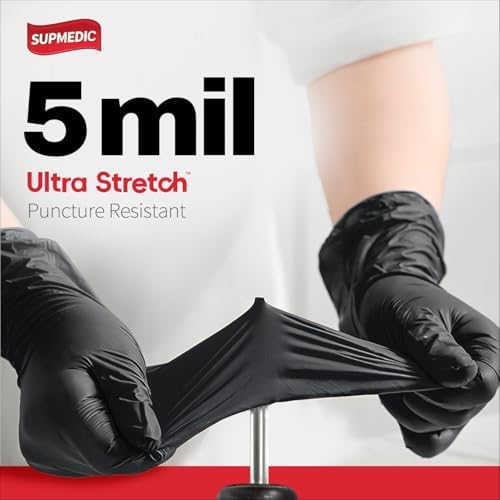 Supmedic Nitrile Exam Gloves 5 Mil Chemical Resistant Latex-Free Black 100Pcs