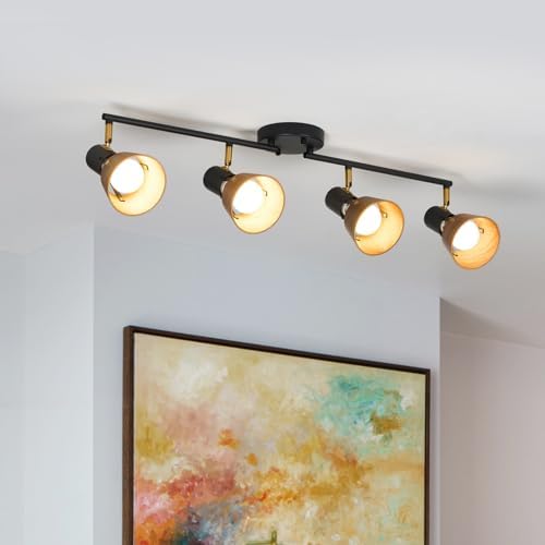 TeHenoo 4 Light Track Lighting with Brass Accent and Natural Wood