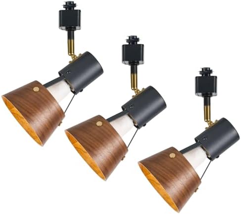 Te Henoo Modern Track Lighting Matte Black Natural Wood E26 3-Light Kit