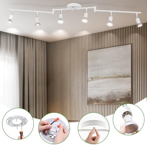 AIBOO Modern White Track Lighting Kit with 6 Flexible Ceiling Spot Lights