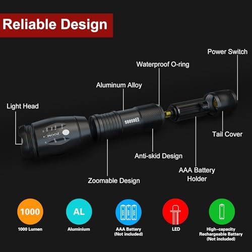 1000 Lumen Tactical Flashlight with 5-Mode Zoom Function zoomable waterproof and durable