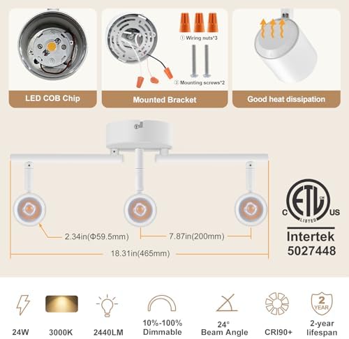 Arcfox 3-Light Track Lighting Kit Dimmable Adjustable 24W 3000K