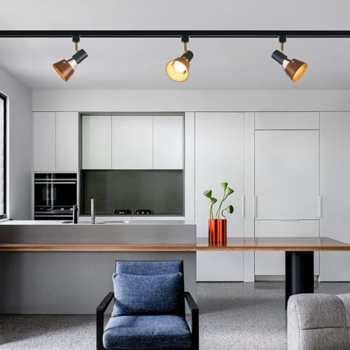 Te Henoo Modern Track Lighting Matte Black Natural Wood E26 3-Light Kit