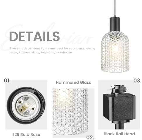 Emliviar Rustic Track Pendant Lighting 3 Pcs with Hammered Glass