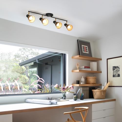 TeHenoo 4 Light Track Lighting with Brass Accent and Natural Wood