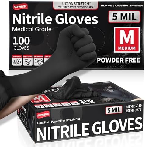 Supmedic Nitrile Exam Gloves 5 Mil Chemical Resistant Latex-Free Black 100Pcs