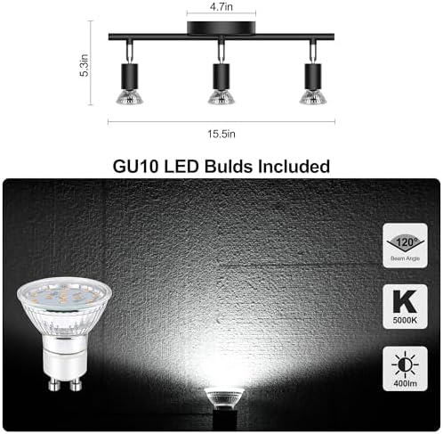 KIALUSH 3-Light Track Light Kit Black Adjustable Ceiling Spotlight with LED Bulbs